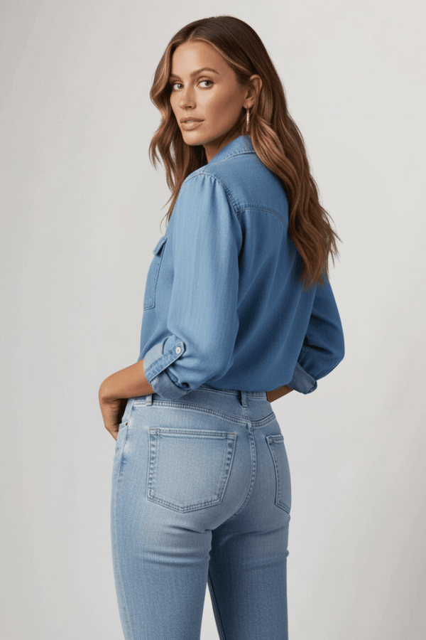WOMEN'S DENIM BUTTON FRONT SHIRT WITH CHEST POCKETS