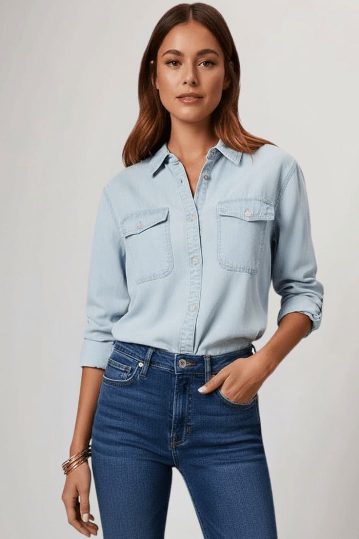 WOMEN'S DENIM BUTTON FRONT SHIRT WITH CHEST POCKETS - Zarino Newstyle