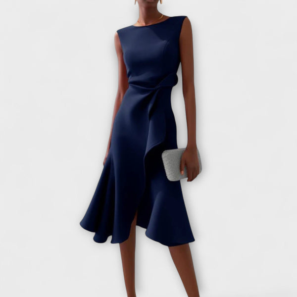 WOMEN'S DRAPED ASYMMETRIC MIDI DRESS