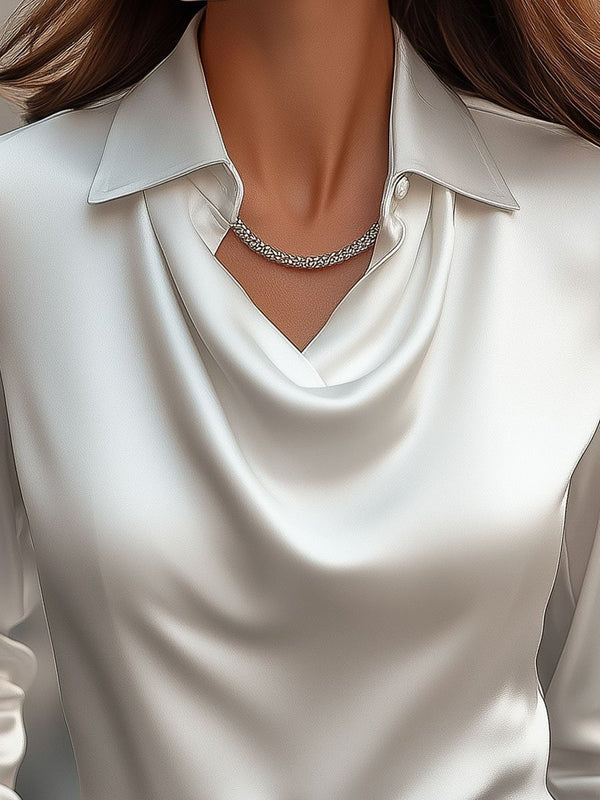 WOMEN'S DRAPED COLLAR LONG SLEEVE SATIN BLOUSE