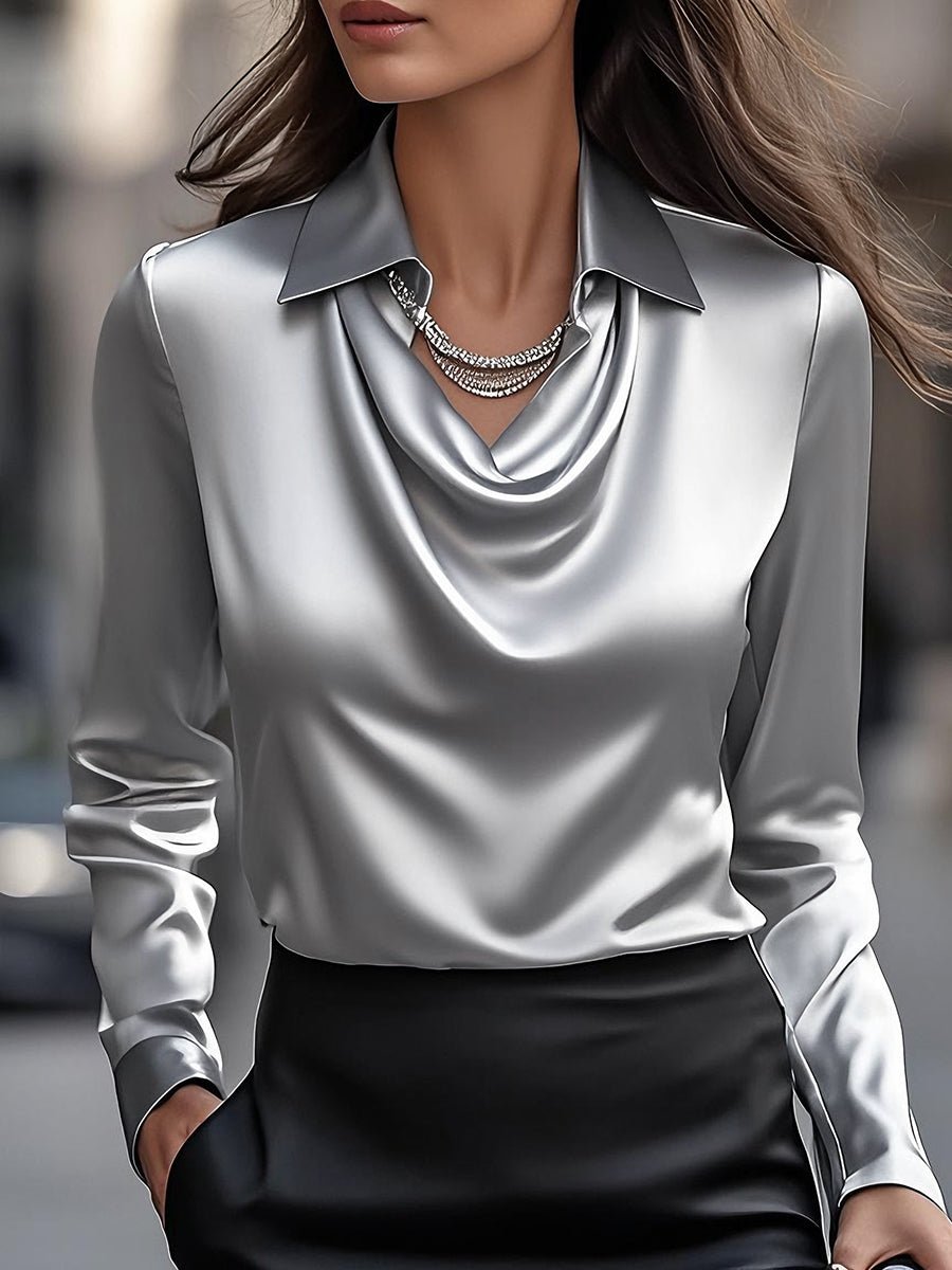 WOMEN'S DRAPED COLLAR LONG SLEEVE SATIN BLOUSE - Zarino Newstyle