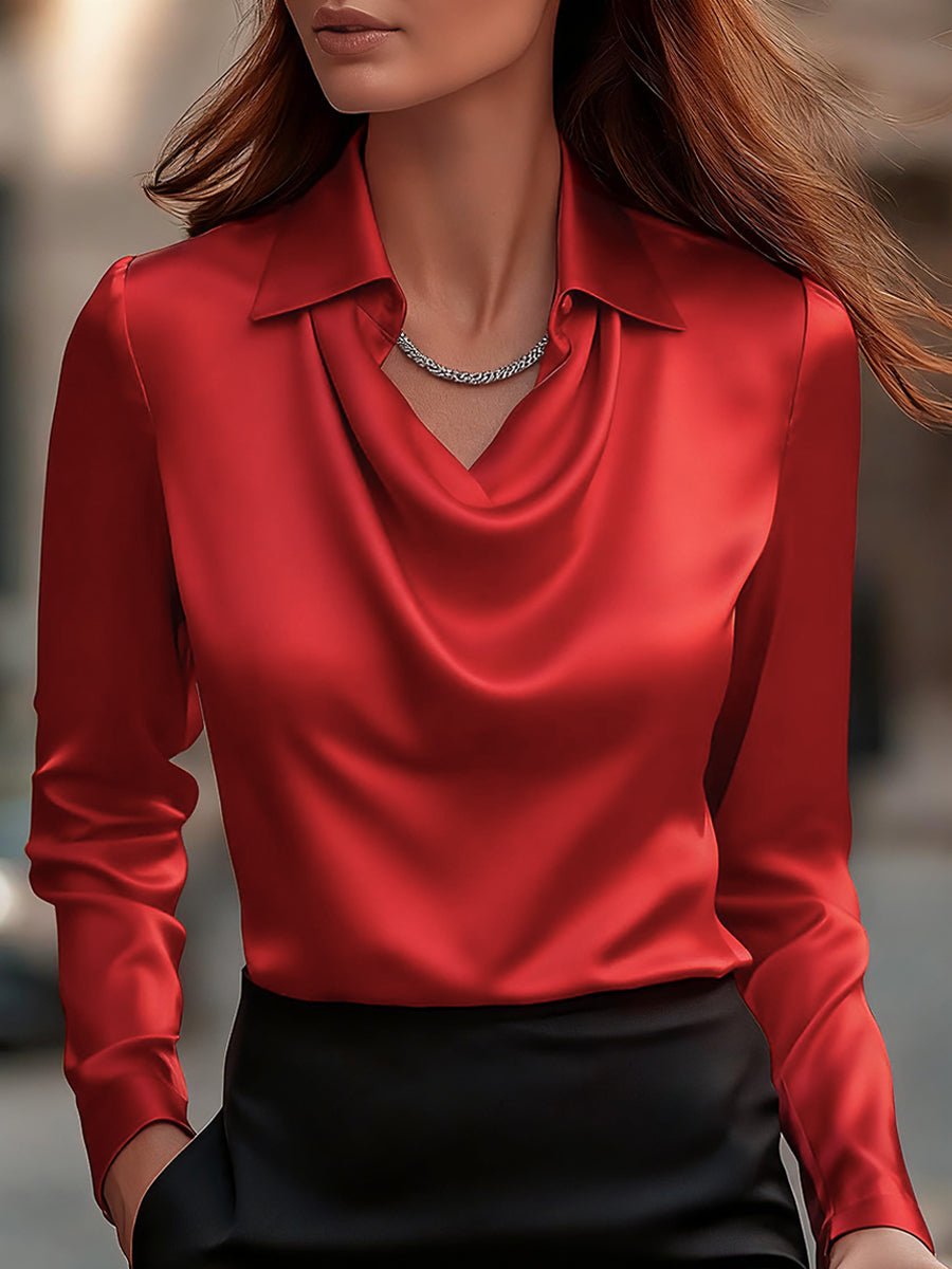 WOMEN'S DRAPED COLLAR LONG SLEEVE SATIN BLOUSE - Zarino Newstyle