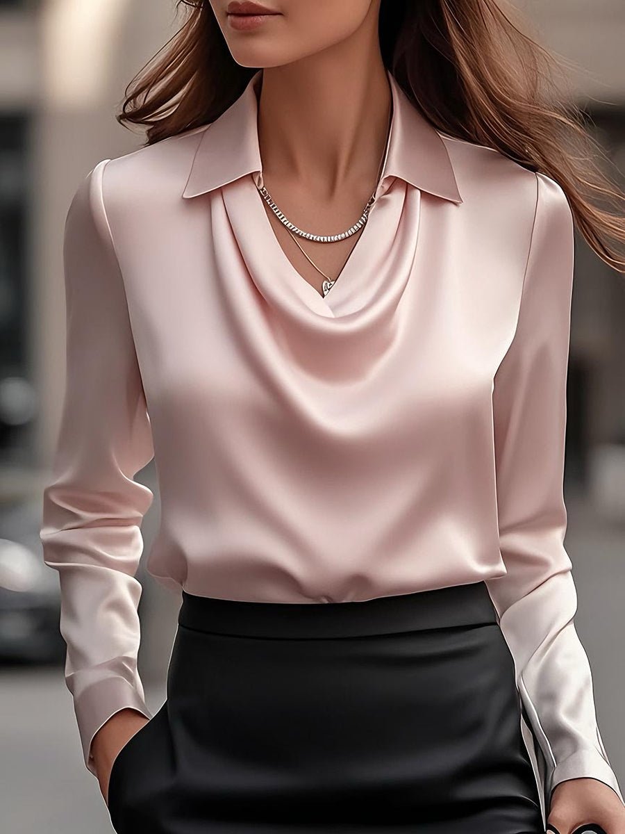 WOMEN'S DRAPED COLLAR LONG SLEEVE SATIN BLOUSE - Zarino Newstyle