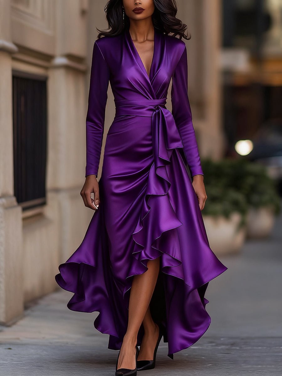 WOMEN'S DRAPED RUFFLE WRAP MAXI DRESS - Zarino Newstyle