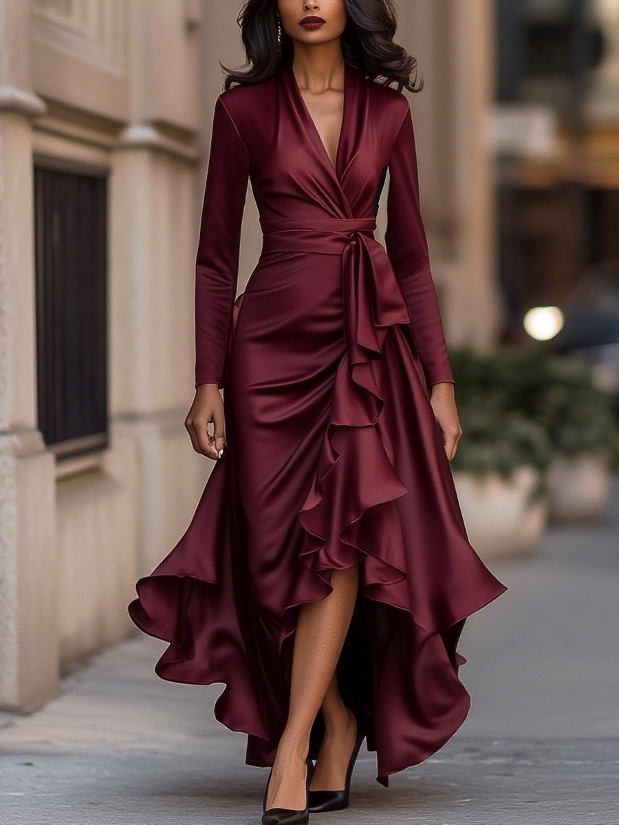 WOMEN'S DRAPED RUFFLE WRAP MAXI DRESS - Zarino Newstyle