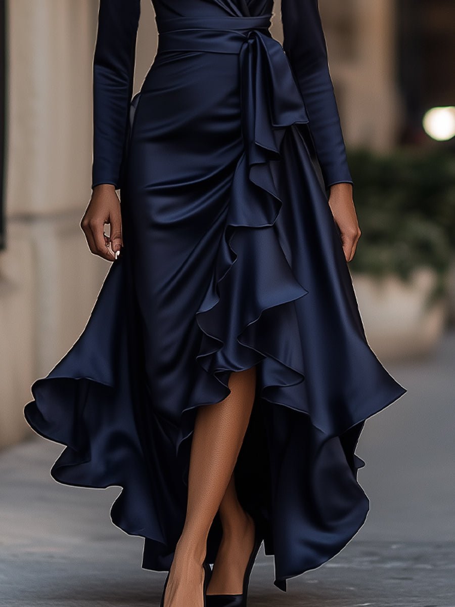 WOMEN'S DRAPED RUFFLE WRAP MAXI DRESS - Zarino Newstyle