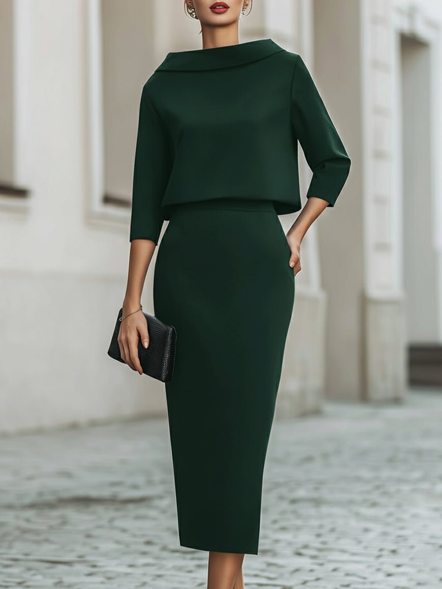 WOMEN'S ELEGANT BOAT NECK TOP & MIDI SKIRT SET - Zarino Newstyle