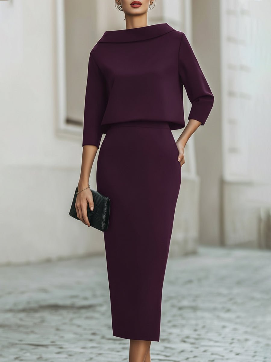 WOMEN'S ELEGANT BOAT NECK TOP & MIDI SKIRT SET - Zarino Newstyle