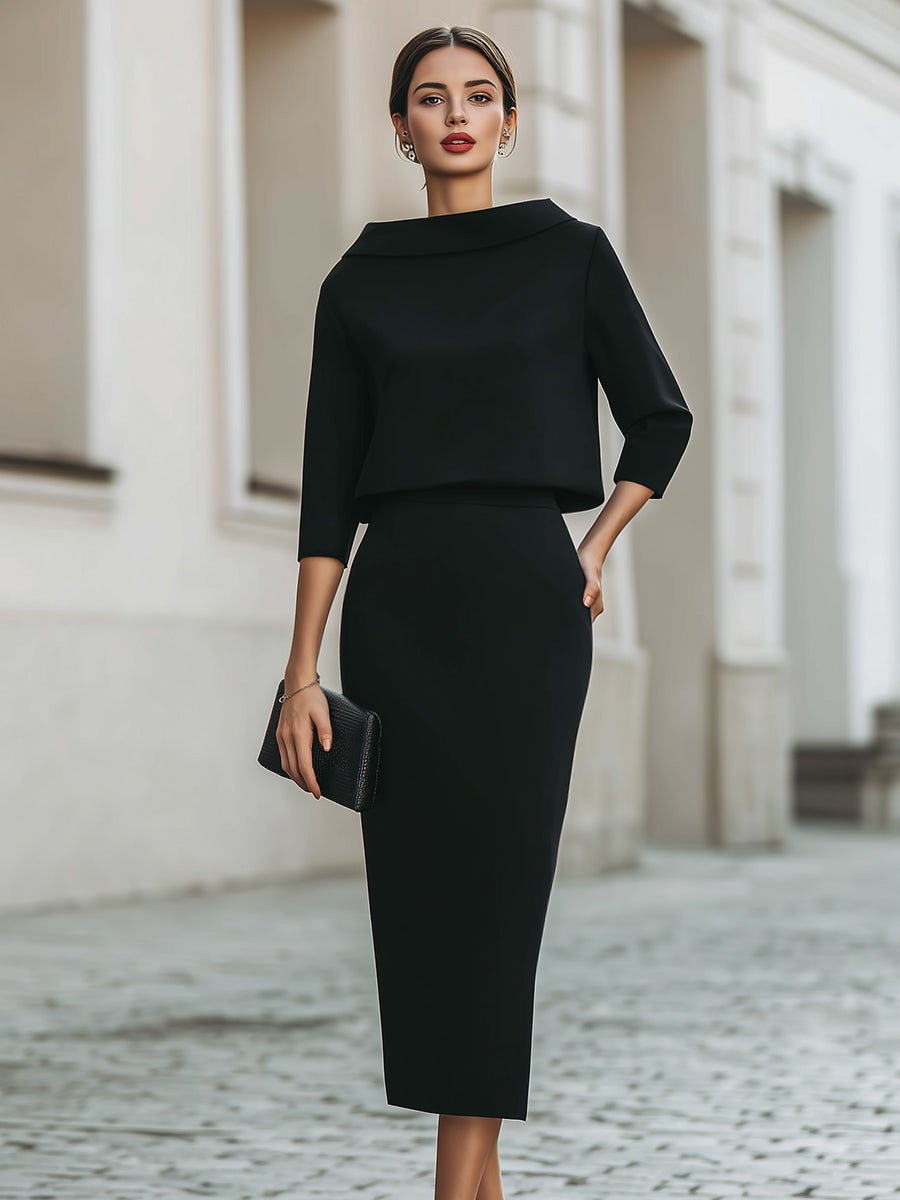 WOMEN'S ELEGANT BOAT NECK TOP & MIDI SKIRT SET - Zarino Newstyle