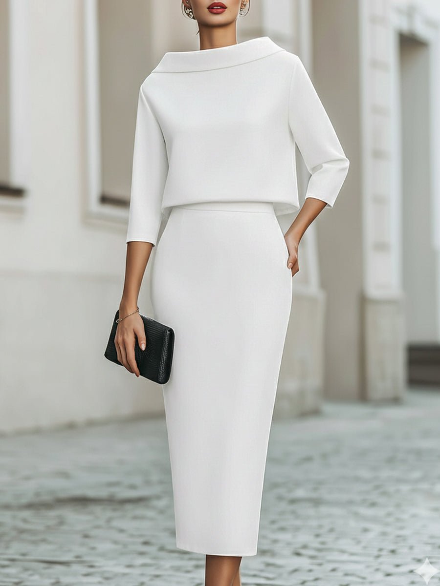 WOMEN'S ELEGANT BOAT NECK TOP & MIDI SKIRT SET - Zarino Newstyle