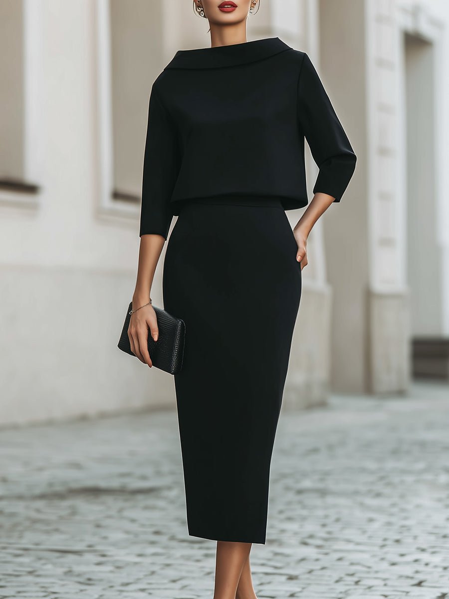 WOMEN'S ELEGANT BOAT NECK TOP & MIDI SKIRT SET - Zarino Newstyle