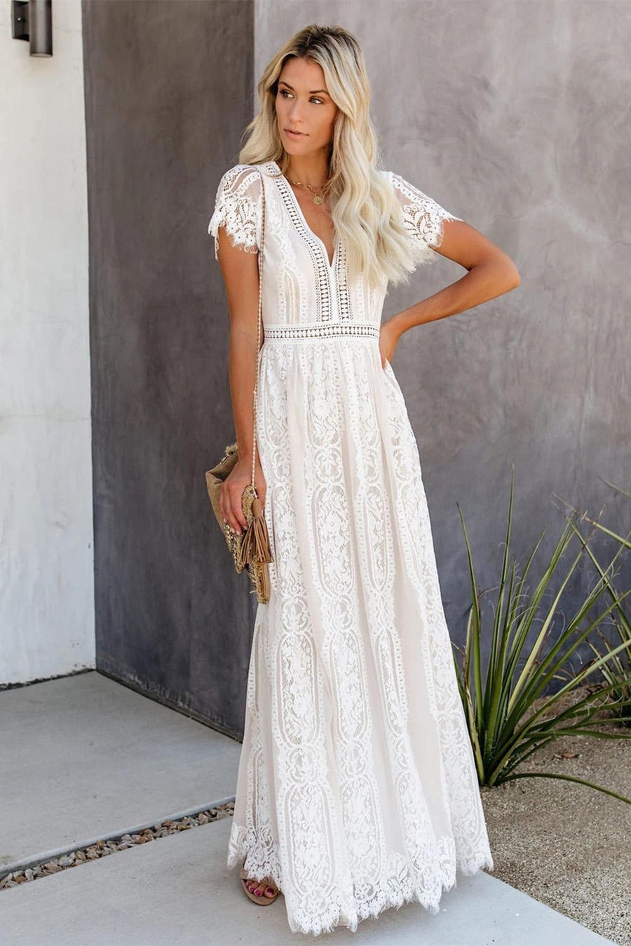 WOMEN'S ELEGANT SUMMER WHITE LACE MAXI DRESS - Zarino Newstyle