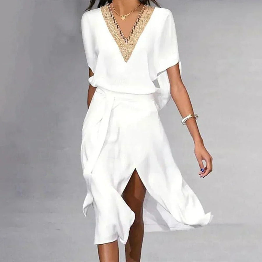 WOMEN'S ELEGANT V - NECK FLOWING SUMMER MIDI DRESS - Zarino Newstyle
