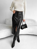 WOMEN'S FAUX LEATHER HIGH - SLIT MIDI SKIRT - Zarino Newstyle