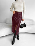WOMEN'S FAUX LEATHER HIGH - SLIT MIDI SKIRT - Zarino Newstyle