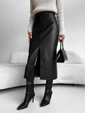 WOMEN'S FAUX LEATHER HIGH - SLIT MIDI SKIRT - Zarino Newstyle