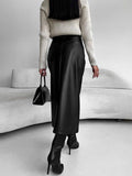WOMEN'S FAUX LEATHER HIGH - SLIT MIDI SKIRT - Zarino Newstyle