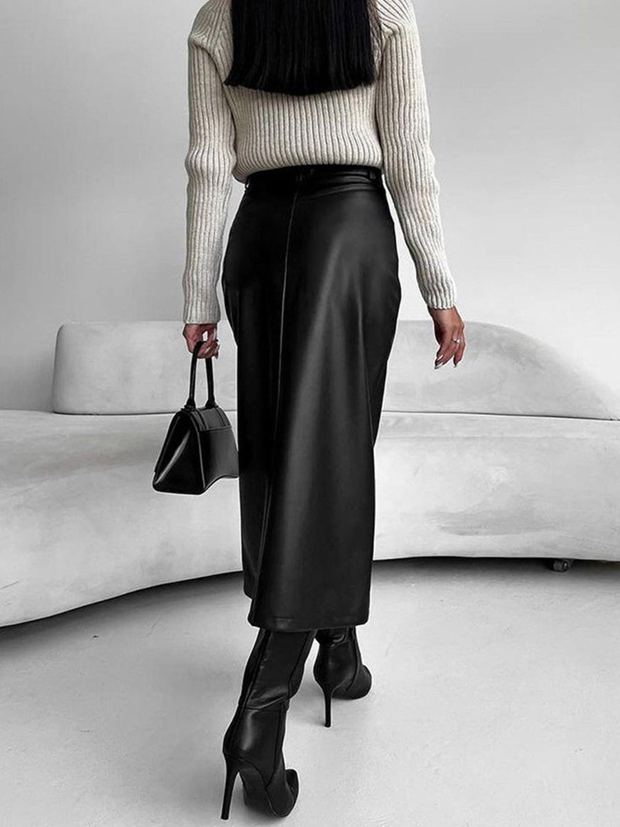 WOMEN'S FAUX LEATHER HIGH - SLIT MIDI SKIRT - Zarino Newstyle