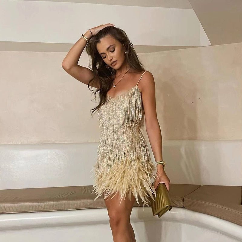 WOMEN'S FEATHER TRIM SEQUIN SUMMER MINI DRESS - Zarino Newstyle