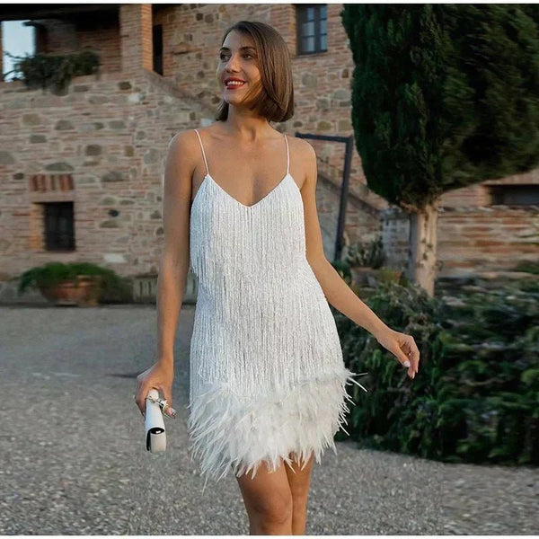 WOMEN'S FEATHER TRIM SEQUIN SUMMER MINI DRESS