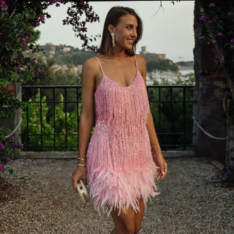 WOMEN'S FEATHER TRIM SEQUIN SUMMER MINI DRESS - Zarino Newstyle