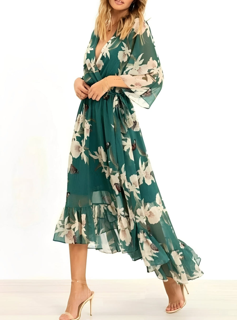 WOMEN'S FLORAL DEEP V - NECK BELTED SUMMER MAXI DRESS - Zarino Newstyle