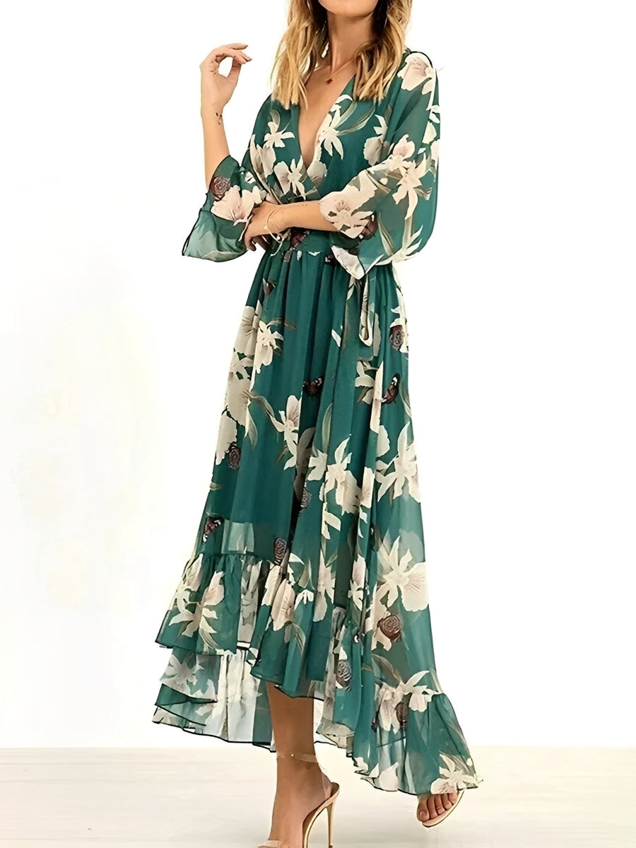 WOMEN'S FLORAL DEEP V - NECK BELTED SUMMER MAXI DRESS - Zarino Newstyle
