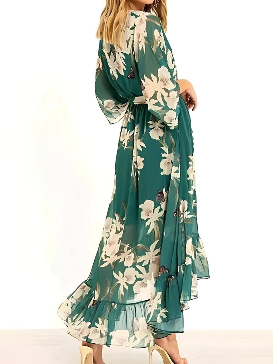 WOMEN'S FLORAL DEEP V - NECK BELTED SUMMER MAXI DRESS - Zarino Newstyle