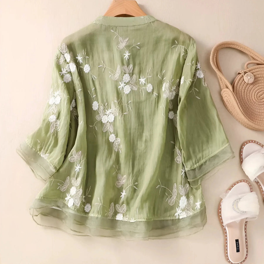 WOMEN'S FLORAL EMBROIDERED BUTTON - UP SUMMER TOP - Zarino Newstyle