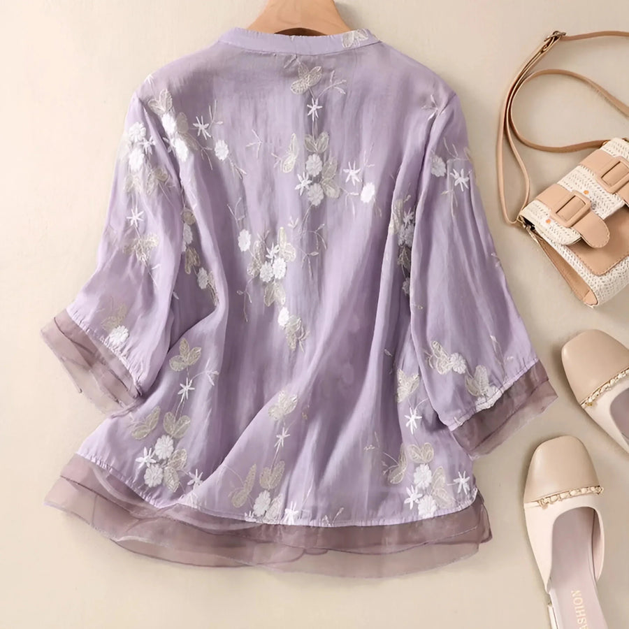 WOMEN'S FLORAL EMBROIDERED BUTTON - UP SUMMER TOP - Zarino Newstyle