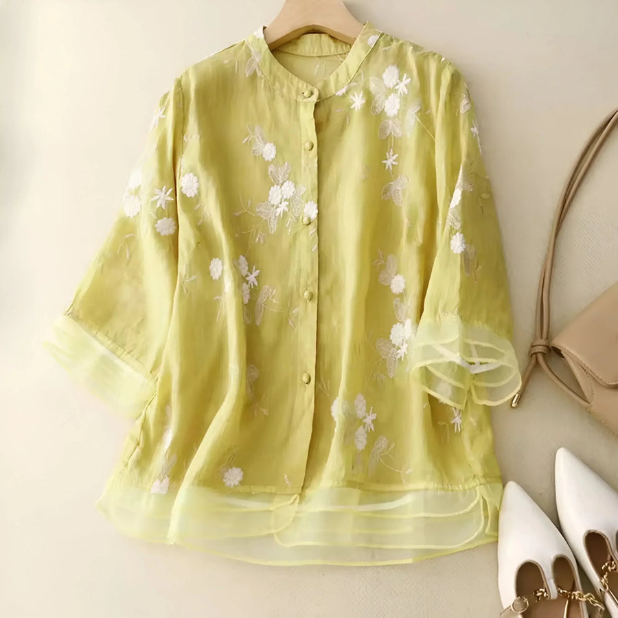 WOMEN'S FLORAL EMBROIDERED BUTTON - UP SUMMER TOP - Zarino Newstyle