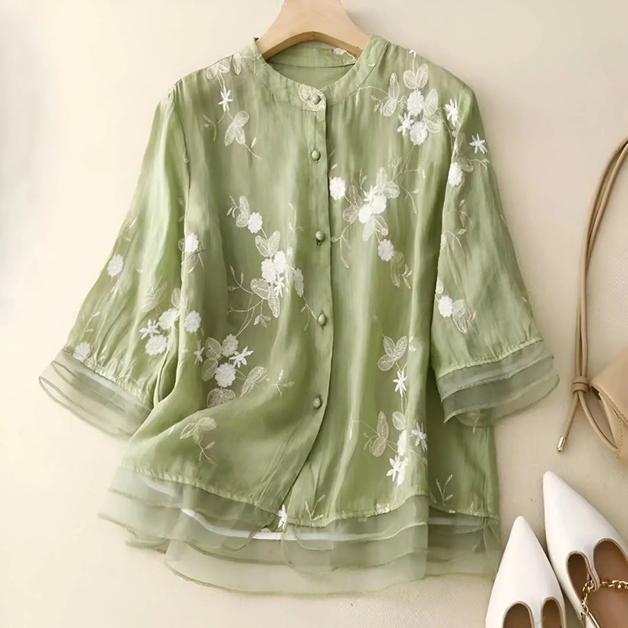 WOMEN'S FLORAL EMBROIDERED BUTTON - UP SUMMER TOP - Zarino Newstyle