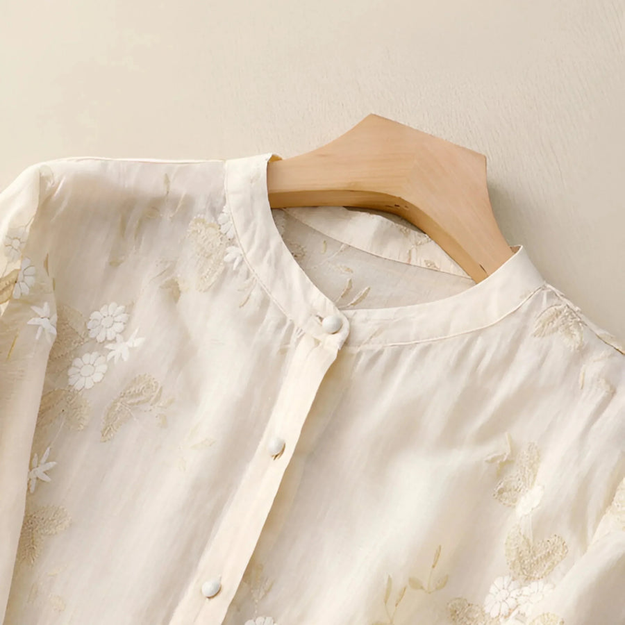 WOMEN'S FLORAL EMBROIDERED BUTTON - UP SUMMER TOP - Zarino Newstyle