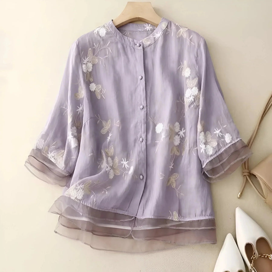 WOMEN'S FLORAL EMBROIDERED BUTTON - UP SUMMER TOP - Zarino Newstyle