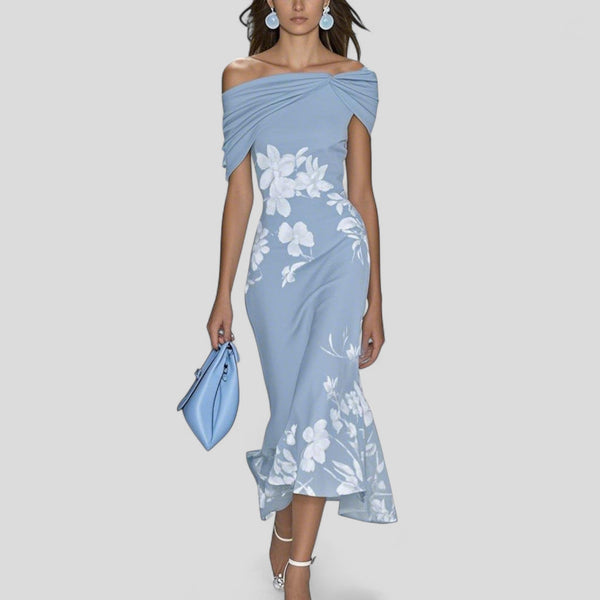 WOMEN'S FLORAL OFF-SHOULDER FITTED SUMMER MIDI DRESS