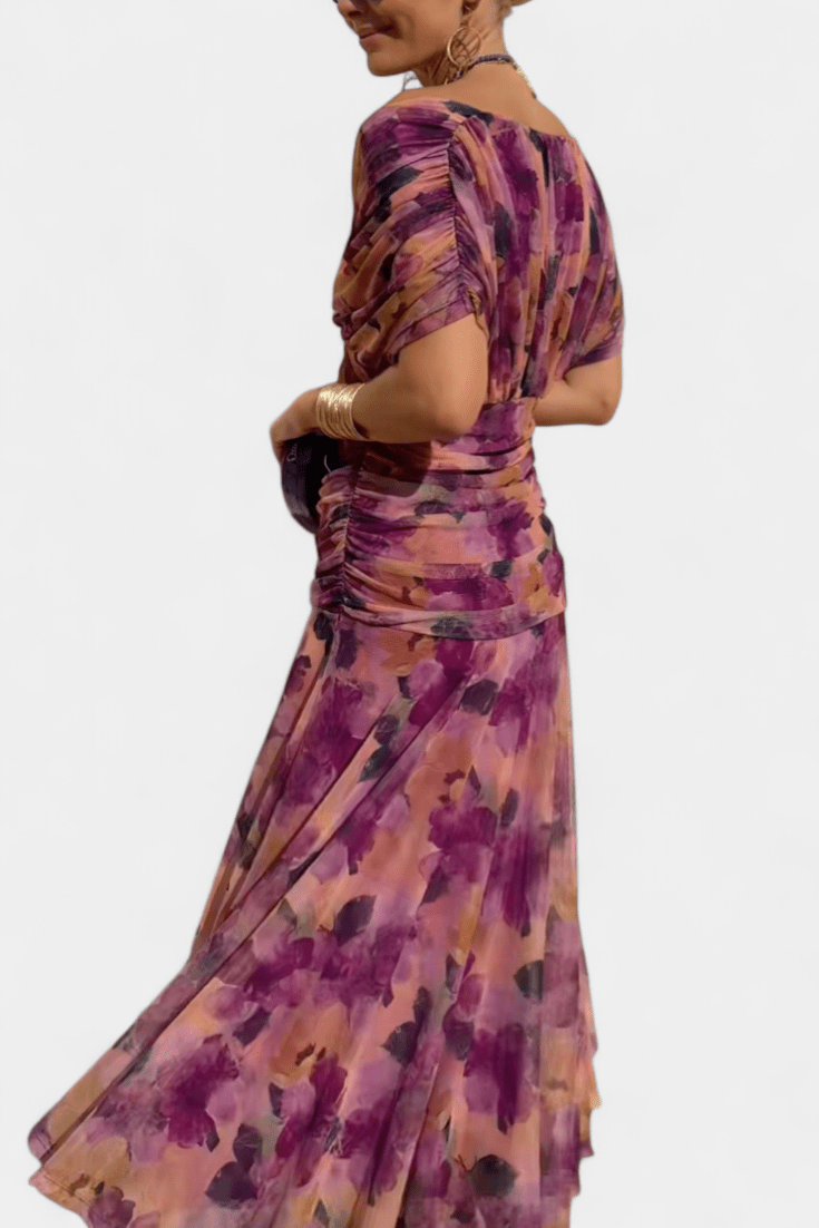 WOMEN'S FLORAL PRINT PLEATED WAIST MIDI DRESS ELEGANT - Zarino Newstyle