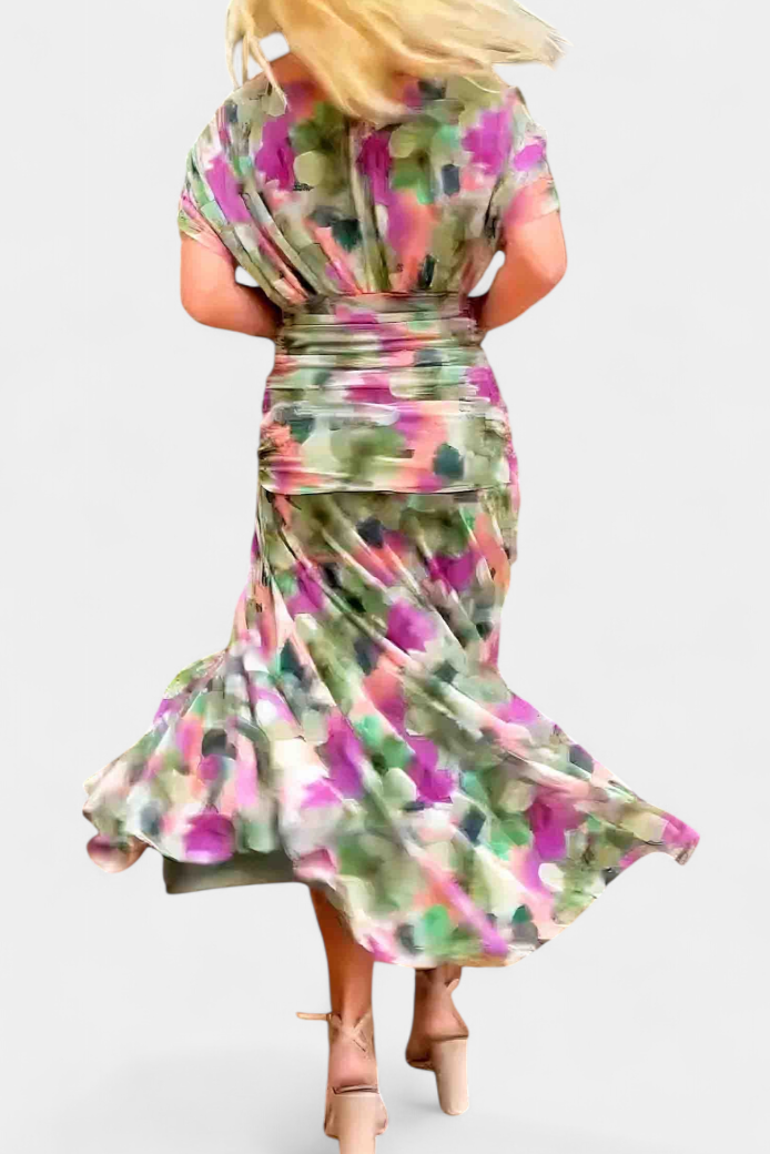 WOMEN'S FLORAL PRINT PLEATED WAIST MIDI DRESS ELEGANT - Zarino Newstyle