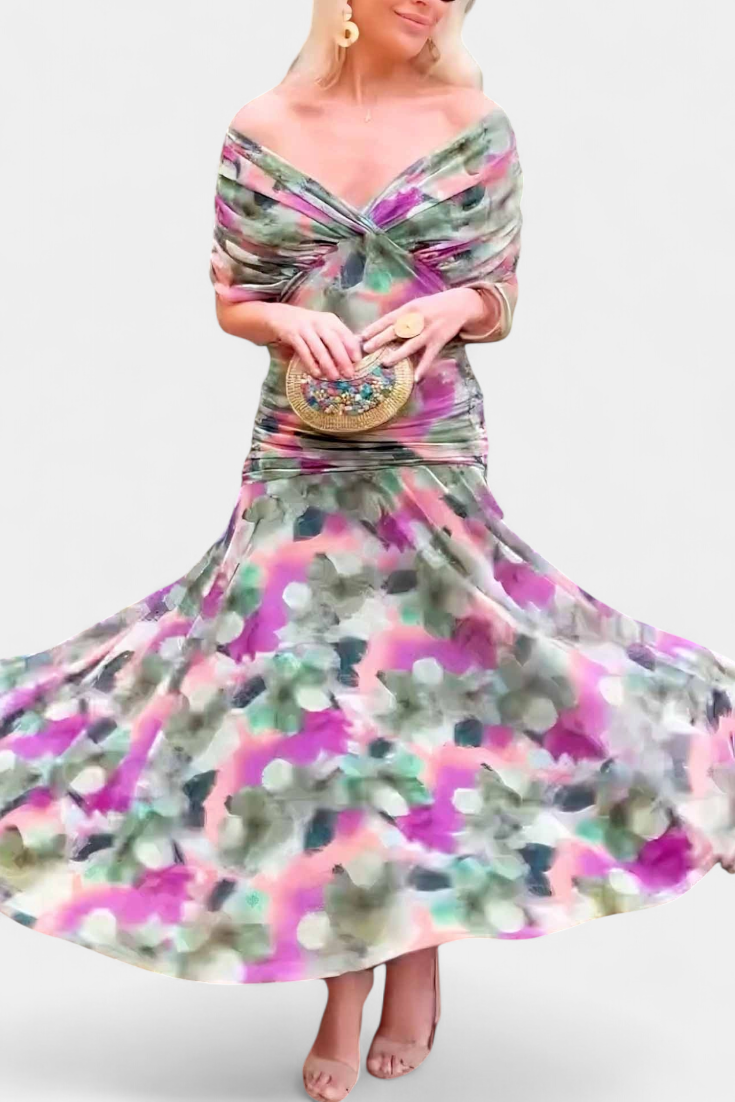 WOMEN'S FLORAL PRINT PLEATED WAIST MIDI DRESS ELEGANT - Zarino Newstyle