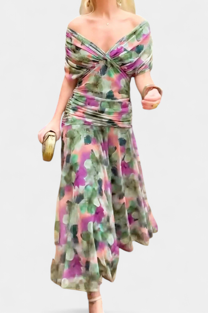 WOMEN'S FLORAL PRINT PLEATED WAIST MIDI DRESS ELEGANT - Zarino Newstyle