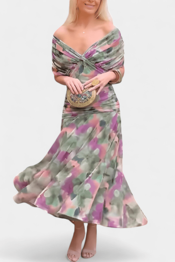 WOMEN'S FLORAL PRINT PLEATED WAIST MIDI DRESS ELEGANT - Zarino Newstyle