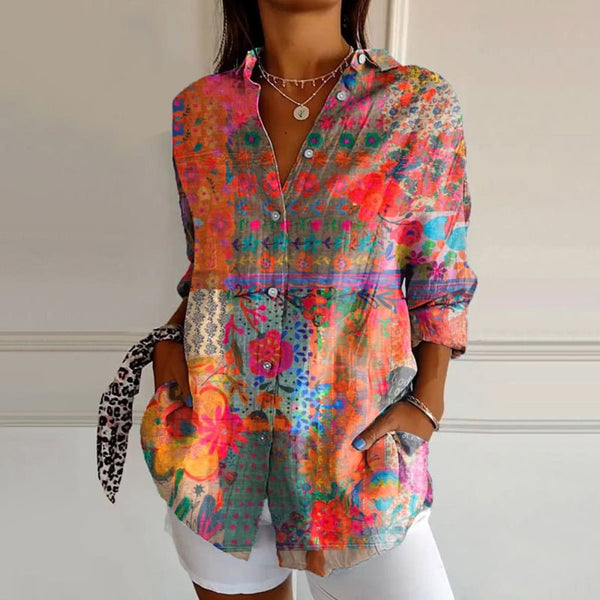 WOMEN'S FLORAL PRINT RELAXED SUMMER BUTTON-UP BLOUSE