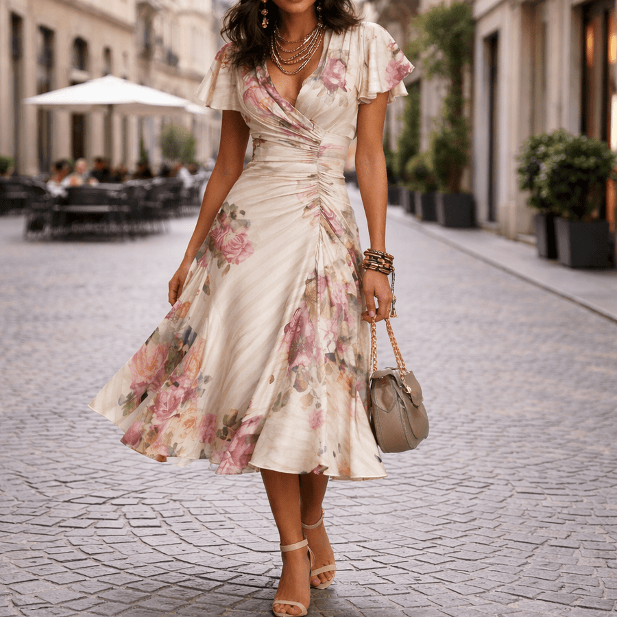 WOMEN'S FLORAL SATIN SUMMER MIDI DRESS - Zarino Newstyle