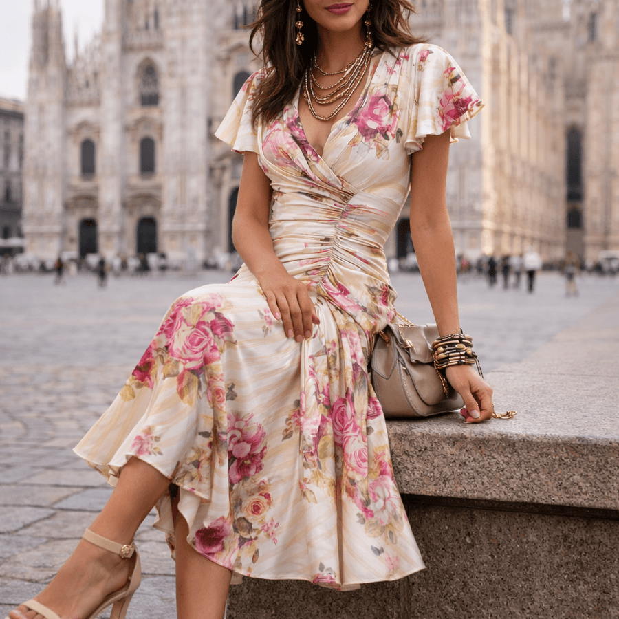 WOMEN'S FLORAL SATIN SUMMER MIDI DRESS - Zarino Newstyle