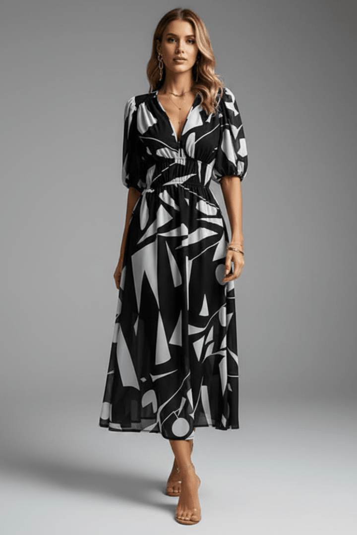 WOMEN'S FLORAL SUMMER MIDI DRESS WITH PUFF SLEEVES - Zarino Newstyle