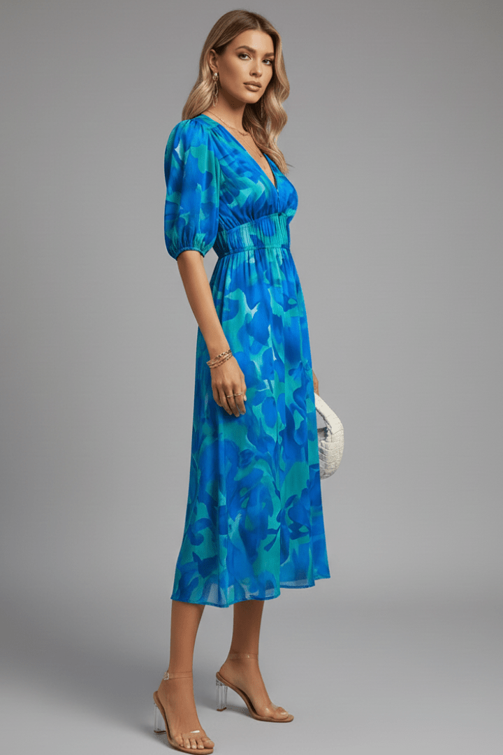 WOMEN'S FLORAL SUMMER MIDI DRESS WITH PUFF SLEEVES - Zarino Newstyle