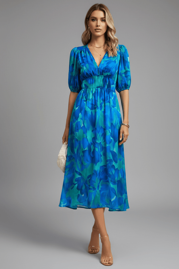 WOMEN'S FLORAL SUMMER MIDI DRESS WITH PUFF SLEEVES