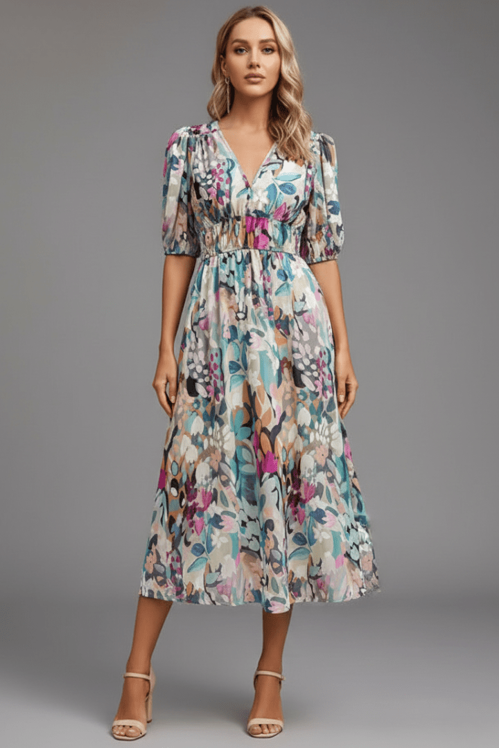 WOMEN'S FLORAL SUMMER MIDI DRESS WITH PUFF SLEEVES - Zarino Newstyle
