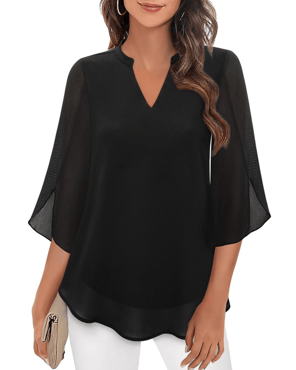 WOMEN'S FLOWY V-NECK CHIFFON BLOUSE WITH SHEER SLEEVES