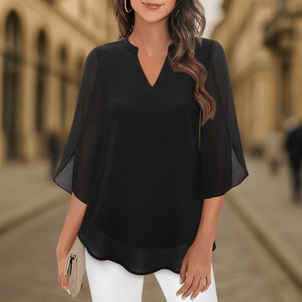 WOMEN'S FLOWY V - NECK CHIFFON BLOUSE WITH SHEER SLEEVES - Zarino Newstyle