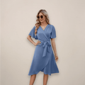 WOMEN'S FLOWY WRAP FRONT TIE SUMMER MIDI DRESS - Zarino Newstyle